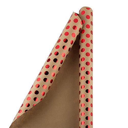 JAM PAPER Gift Wrap - Kraft Wrapping Paper - 25 Sq Ft - Red Foil Polka Dots on Brown Kraft Paper - Roll Sold Individually