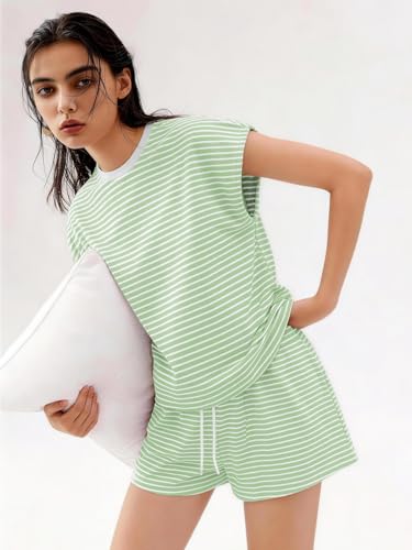Outfeel Womens Pajama Sets Striped Print Two Piece Lounge Sets Crew Neck Sleepwear Fit T-Shirt and Shorts Set Soft Pjs — view 6