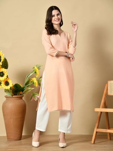 Image of Amazon Brand - Tavasya Women Cotton Katha Straight Regular Fit Kurta | Solid Ethnic Kurti | 3 /4 Sleeve Casual & Office Wear |Kurta for Women