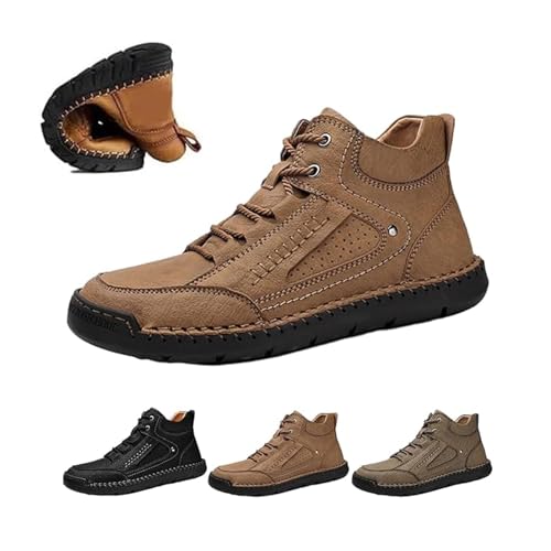 Mens Hiking Boots,Men's Comfortable Handmade Leather Boots, Non-Slip Arch Support Waterproof Hiking Shoes Walking Sneakers