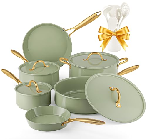 VONIKI Ceramic Cookware Set - Nonstick Pots and Pans With Kitchen Utensils, Non-Toxic, Induction Compatible, Dishwasher and Oven Safe