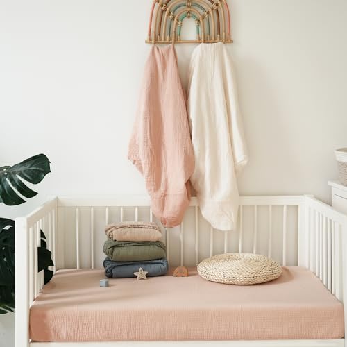 Image of MairMore 2 Pack Muslin Baby Crib Sheets, 52 x 28 in Fitted Bed Sheets | Soft & Durable, 100% Cotton Breathable Elastic Neutral Standard Sheets Set for Toddler, Newborn, Infants, Girls, Boys (Pink)