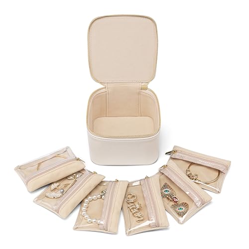Vlando Jewelry Travel Case,Travel Jewelry Organizer with Clear Velvet Jewelry Bags 6Pcs Zipper Pouch for Women Girl Birthday Gift-White B.6PCS White