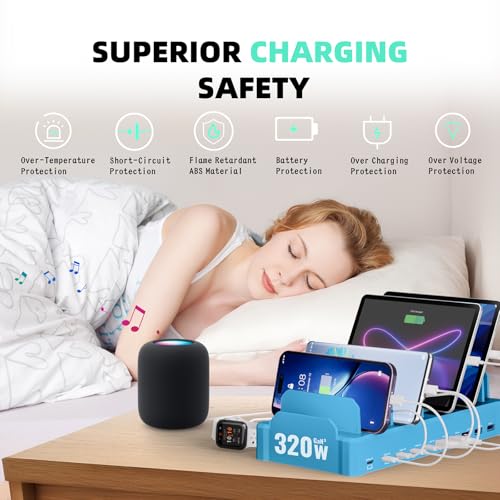 Image of 320W Charging Station for Multiple Devices, Zobirez 10-Port USB C Fast Charger Stations for MacBook, iPhone, Android Cell Phone, iPad, Tablet, Family Multi-Device Organizer Charging Dock, Blue