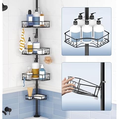 SEIRIONE Corner Shower Caddy Tension Pole, 4-Tier Rust-Free Shower Organizer Corner, Adjustable Shower Shelf for Inside Shower, Easy-Install Shower Rack for Shower Storage, 39 to 113Inch, Black Cover
