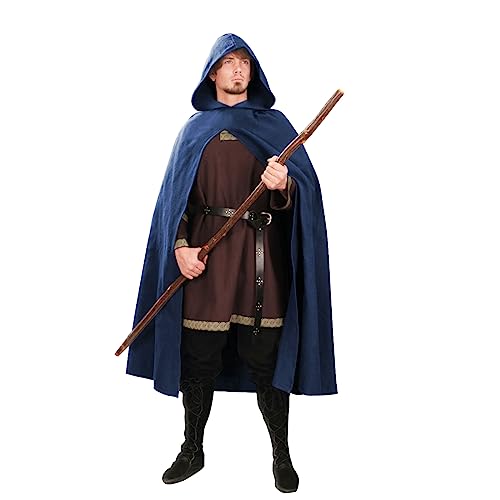 JPXH Renaissance Cloak with Hood Medieval Costume Men and Women Cape Halloween Blue