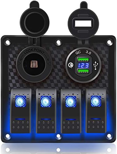FXC Waterproof Marine Boat Rocker Switch Panel 4 Gang with Dual USB Slot Socket （QC 3.0)+ Cigarette Lighter LED Light for Car Rv Vehicles Truck (4Gang blue189)