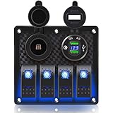 FXC Waterproof Marine Boat Rocker Switch Panel 4 Gang with Dual USB Slot Socket （QC 3.0)+ Cigarette Lighter LED Light for Car Rv Vehicles Truck (4Gang blue189)