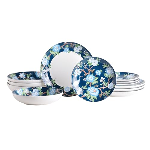 For 4, Luxury White & Bohemian Blue Plates And Bowls Set, Glossy Ceramic Dish Set With Detailed Floral, Microwave & Dishwasher Safe Dishes, Nightingale