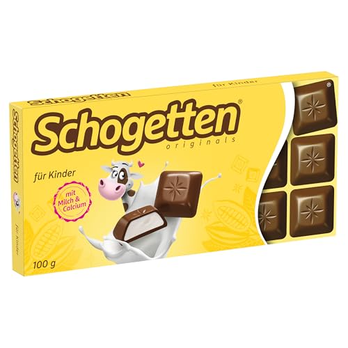 Schogetten für Kinder 100g Schokoladentafel, Vollmilchschokolade mit cremiger Milchcreme, praktisch einzeln portioniert. Ein Genuss. Stück für Stück.