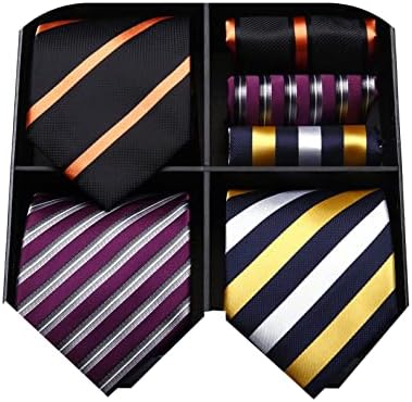 HISDERN Lot 3 PCS Classic Elegant Men's Silk Tie Set Necktie & Pocket Square - Multiple Set