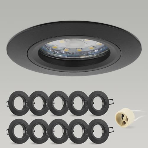 CongShine 10x Foco Empotrable GU10 Aluminio Negro Downlight LED Empotrable Ojo de Buey de techo con Portalámparas GU10 65mm Para 50mm Lámparas De Led O Halógena, Redondo 60 70mm 230V