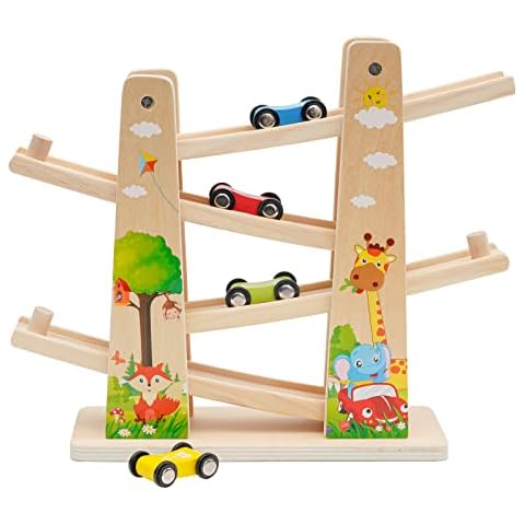 Nukied Wooden Track Car,Click Clark Race Car with 4 Cars,Car Ramp Toy for Boy Gifts Birthday Presents,Racing Track Educational Toy Gift for 1 2 3 Year Old (forest) Cover