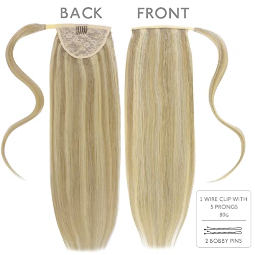 Image of WENNALIFE Ponytail Hair Extension, 14 Inch 80g Light Blonde Highlighted Golden Blonde Ponytail Extension Human Hair Clip in Wrap Around Remy Human Hair Extension Hairpieces