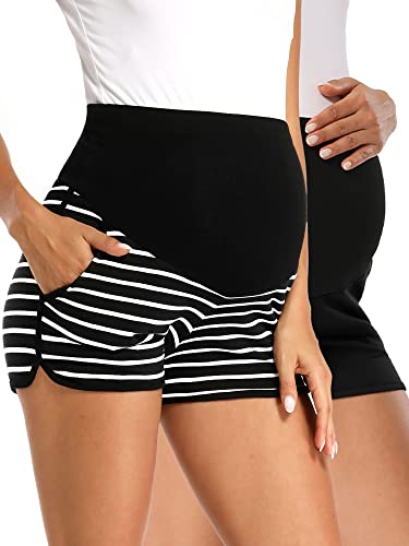 Image of PACBREEZE Women's Maternity Shorts Over Belly Lounge Pajama Workout Running Casual Summer Pregnancy Shorts, 2 Pack(Black/Black White Stripe, X-Large)