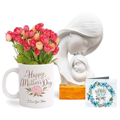 Image of TIED RIBBONS Gift for Mom, Birthday Gift for Mom Women Wife Mother in Law Mummy (Mother with Child Statue, Artificial Flower Bunch, Ceramic Coffee Mug & Greeting Card) Set