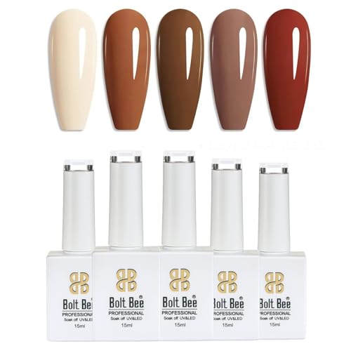 Image of Bolt Bee Gel Polish Kit, 6 Colors Light Soft Sakura White Nude Spring Soak off Nail Art Design Manicure Kit at Home (Dark Brown Shades)