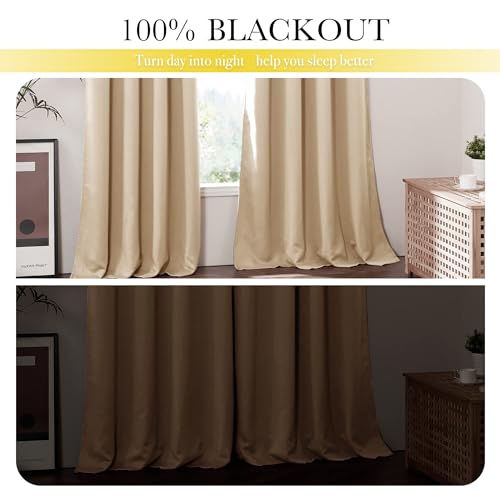 Image of NICETOWN Bedroom Full Blackout Curtain Panels, Super Thick Insulated Grommet Cold Reducing Drapes, Double-Layer Blackout Draperies for Small Window (Set of 2 Pcs, 42 by 63-inch, Warm Beige)