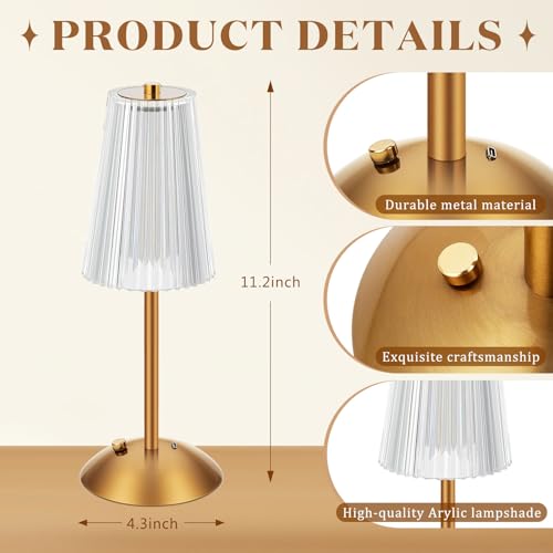 Image of Liliful 2 Pcs Cordless Table Lamp Rechargeable Touch LED Small Gold Portable Battery Operated USB-c Desk Lamp 3 Color Dimmable for Bedroom Living Room Dining (Gold,Small Stripes)