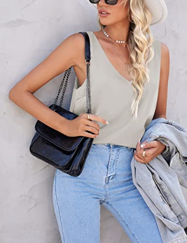 Image of Ekouaer Womens Silk Satin Tank Tops V Neck Casual Cami Sleeveless Camisole Blouses Summer Basic Tank Shirt Grey, XX-Large
