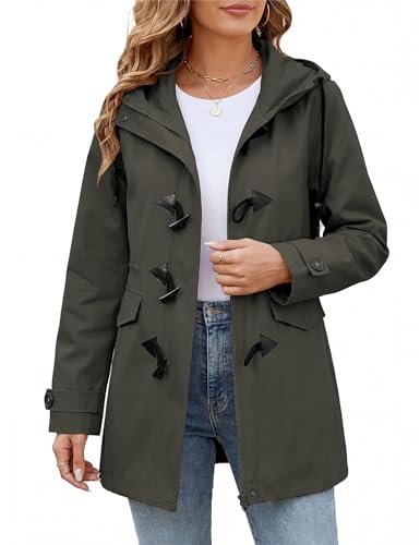 Image of CMTOP Womens Jacket Lightweight Cotton Jackets Casual Transition Coat Elegant Windproof Hoodie Parka with Horn Buttons Outdoor Spring Summer Outerwear(Army Green, XL)