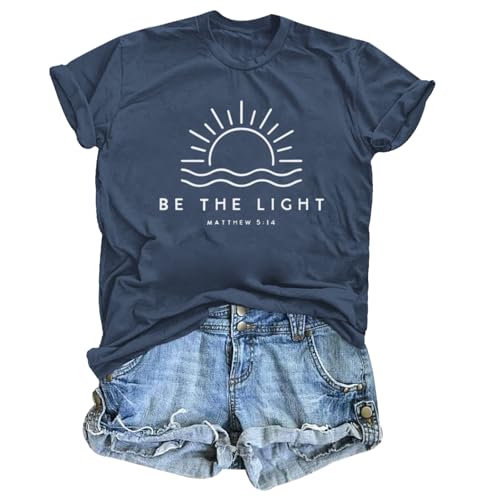 Sulayesh Christian Be The Light Shirts for Women Bible Verse Shirts Jesus Religious Faith Tshirts Inspirational Tees Tops (Navy Blue,M)