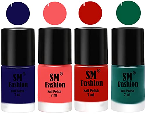 Image of Nail Polish Combo Set (Pack of 4) Quick Dry Gel Finish Nail Paint | Dark Blue,Light Pink,Red Orange,Green | 7 ml Each