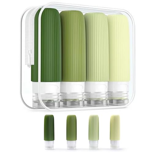 Kit 4 Frascos Potes Silicone Viagem 90ml Canelado Aprovado TSA (Tons de Verde)