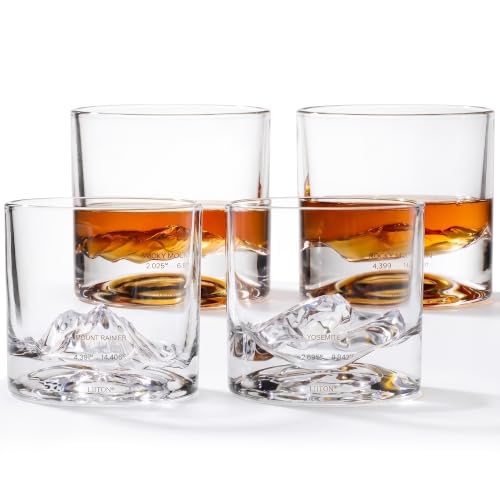 Image of LIITON American Peaks Whiskey Glasses, Set of 4, 10oz, Bourbon Glass | Thick Freezable Crystal Rock Glasses, Old fashioned Whiskey Gifts for Men, Cocktails, Scotch Glasses