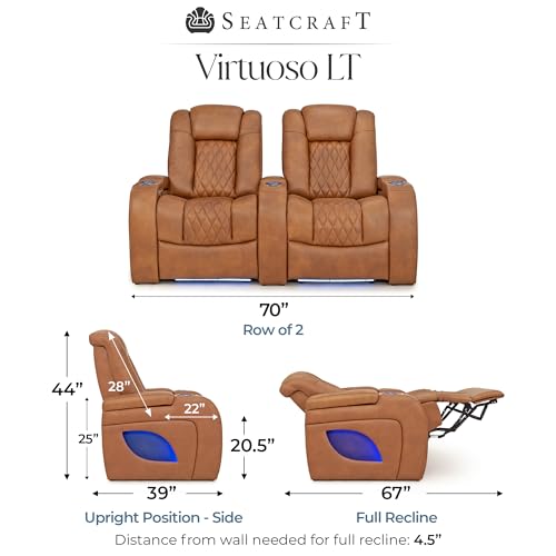Image of Seatcraft Virtuoso LT Tawny Italian Leather Home Theater Seating, Zero Gravity Power Recliner, Powered Headrest and Lumbar Gaming and Home Office Chair, Heat and Massage Lounge Sofa, Row of 2