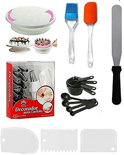 Xacton Cake Decorating Kits with Cake Turntable, 12 Numbered Cake Decorating Tips, Measuring Cups and Spoon Set 8, Spatula, 3 Icing Smoother, 1 Silicone Piping Bag, and Brush Spatula Set, Multicolor