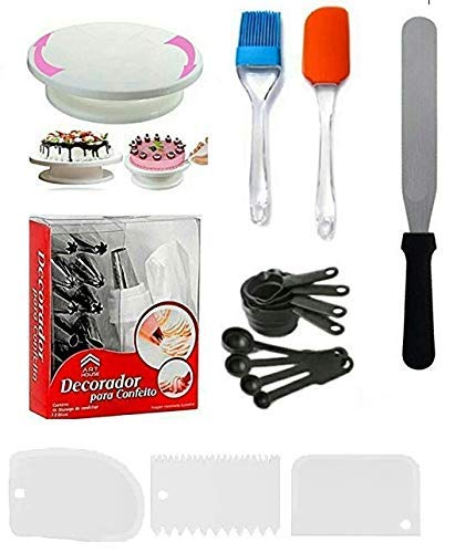 Xacton Cake Decorating Kits with Cake Turntable, 12 Numbered Cake Decorating Tips, Measuring Cups and Spoon Set 8, Spatula, 3 Icing Smoother, 1 Silicone Piping Bag, and Brush Spatula Set, Multicolor