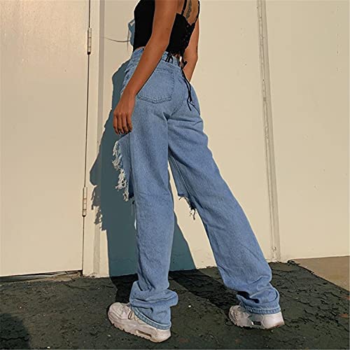Hulzogul Jeans feminino rasgado Boyfriends Y2K, jeans moderno rasgado de cintura alta, calça reta mo