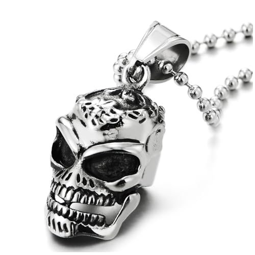 Collier crâne homme pour look biker rock avec chaîne boule acier 60 cm robuste