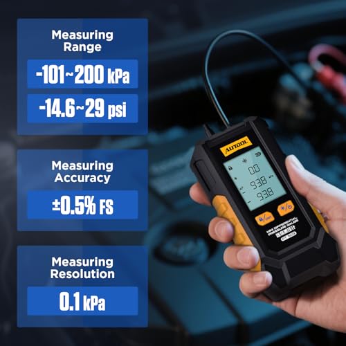 AUTOOL Digitales Manometer, PT503 Druckmessgeräte Mini Differential Pressure Gauge, -1,01 a 2 Bar, Differenzdruckmesser mit zwei Anschlüssen, 6 Einheiten, Hintergrundbeleuchtetem LCD-Display