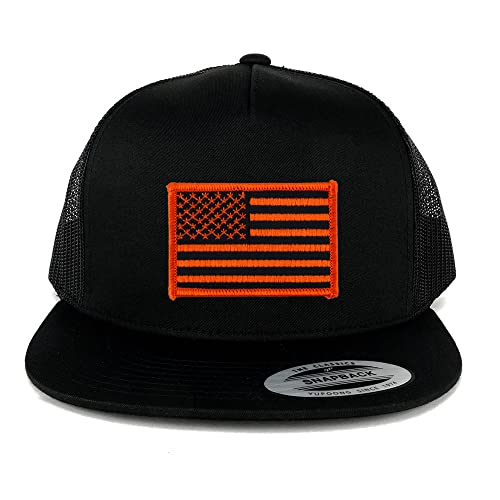 Armycrew XXL Oversized Orange Black USA American Flag Patch 5 Panel Flat Bill Trucker Mesh Cap - Black - 2XL