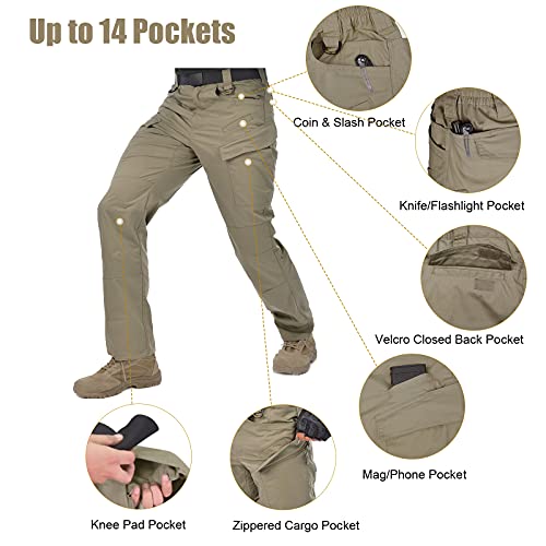 Hard Land Men's Tactical Pants Ripstop With 14 Multi Pockets Water Resistant Gusseted Work Cargo Pants Khaki 36W×30L #TOP2