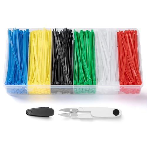 NOKOGMT 480 Pack Small Zip Ties 4 Inch, Colored Zip Ties Kit with Storage Box and Scissors - Heavy Duty Mini Zip Tie in 6 Colors (Black, White, Red, Blue, Green, Yellow) - 2.5mm Nylon 66 Cable Ties
