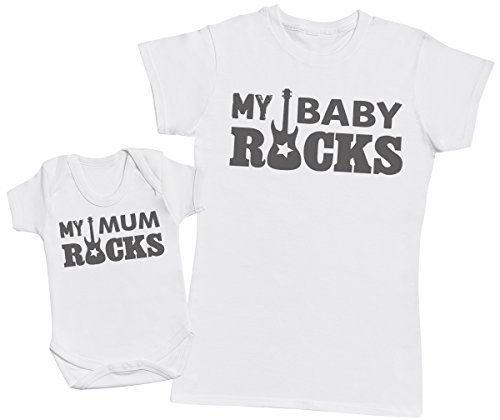 Zarlivia Clothing My Baby Rocks! - Regalo para Madres y bebés en un Body para bebés y una Camiseta de Mujer a Juego - Blanco - Large & 3-6 Meses