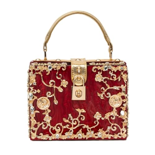 Verano Hill Acrylic Box Handbag for Women – Elegant Hard Shell Clutch Purse with Gold Chain, Stylish Evening Shoulder Bag - Red