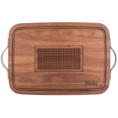 Viking Cutting Board, Acacia Wood Kitchen Butcher Block Carving Board with Juice Groove and Metal Handles, 23 x 14 x 1 Inch