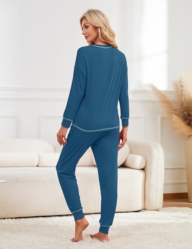 Soft Cotton Pajamas for Women Set 2 Piece Lounge Set Crewneck Long Sleeve Top and Jogger Pants Loungewear with Pocket2