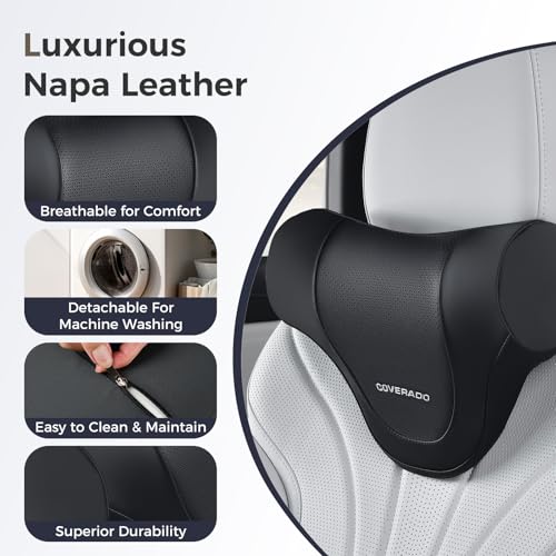 Image of Coverado Car Headrest Pillow, Ergonomic Memory Foam Car Neck Pillow for Driving Seat with Adjustable Strap, Soft PU Leather Breathable Removable Cover Neck Support for Neck Pain Relief