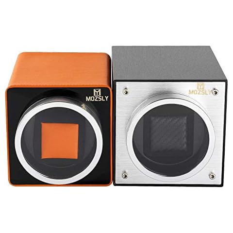 MOZSLY Single Automatic Watch Winder with Quite Motor 12 Rotation Modes Orange Leather and Black Carbon Fiber Cover