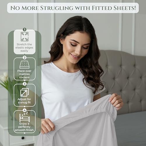 Image of Royale Linens 100% Organic Cotton Full Fitted Sheet Only - Percale Weave - Super Soft Deep Pocket Bottom Sheets - Silver Elastic Sheet - Full Size Fitted Sheets Only - (54 inchx75 inch+15 inch, Silver)