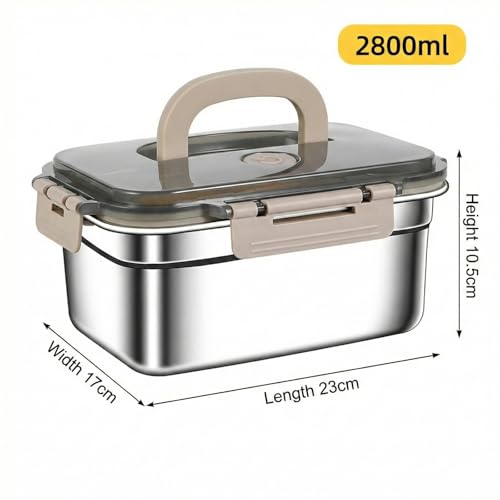 Image of Stainless Steel Lunch Box 2800ml with Handle, Airtight Leakproof Food Storage Container for Office, Travel, Meal Prep, Curry, Rice, Snacks & Kitchen Use