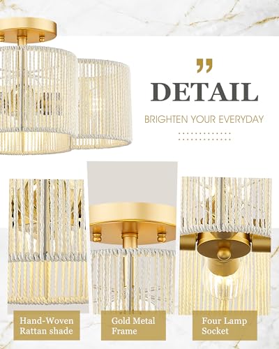 Image of Rattan Light Fixtures Ceiling Mount, 4-Light 14 inch Boho Semi Flush Mount Ceiling Light with White Hand-Woven Shade in Quatrefoil Shape for Kitchen Nursery Bedroom, Gold, AD-22007-4SF-RA-WH