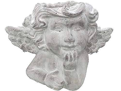 XL Engelkopf als Pflanzgefäß Übertopf Pflanzschale aus Zement – Gartendeko für Balkon, Terrasse, Wohnzimmer – für Blumen, Kräuter, Engelsdeko, romantisch (grau) B 25cm x T 15cm x H 18cm (Engel A)