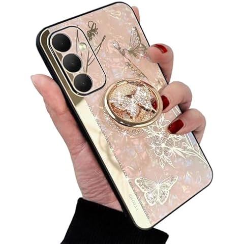 Changjia for Samsung Galaxy A15 5G Kickstand Case,Cute 3D Glitter Bling Diamond Rhinestone Butterfly Ring Holder Marble Floral TPU Bumper Shockproof Phone Case for Women Girls for Galaxy A15 5G (Gold) Cover