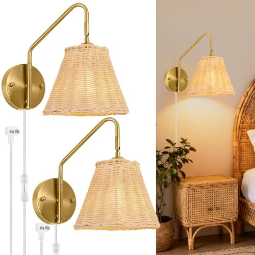 Image of Rattan Plug in Wall Sconces Set of 2, Boho Swing Arm Plug in Sconce, Hand Woven Wicker Wall Lamps for Bedroom, Gold Wall Sconces with UL Certified Cord, Wrapped Rattan Sconce for Living Room
